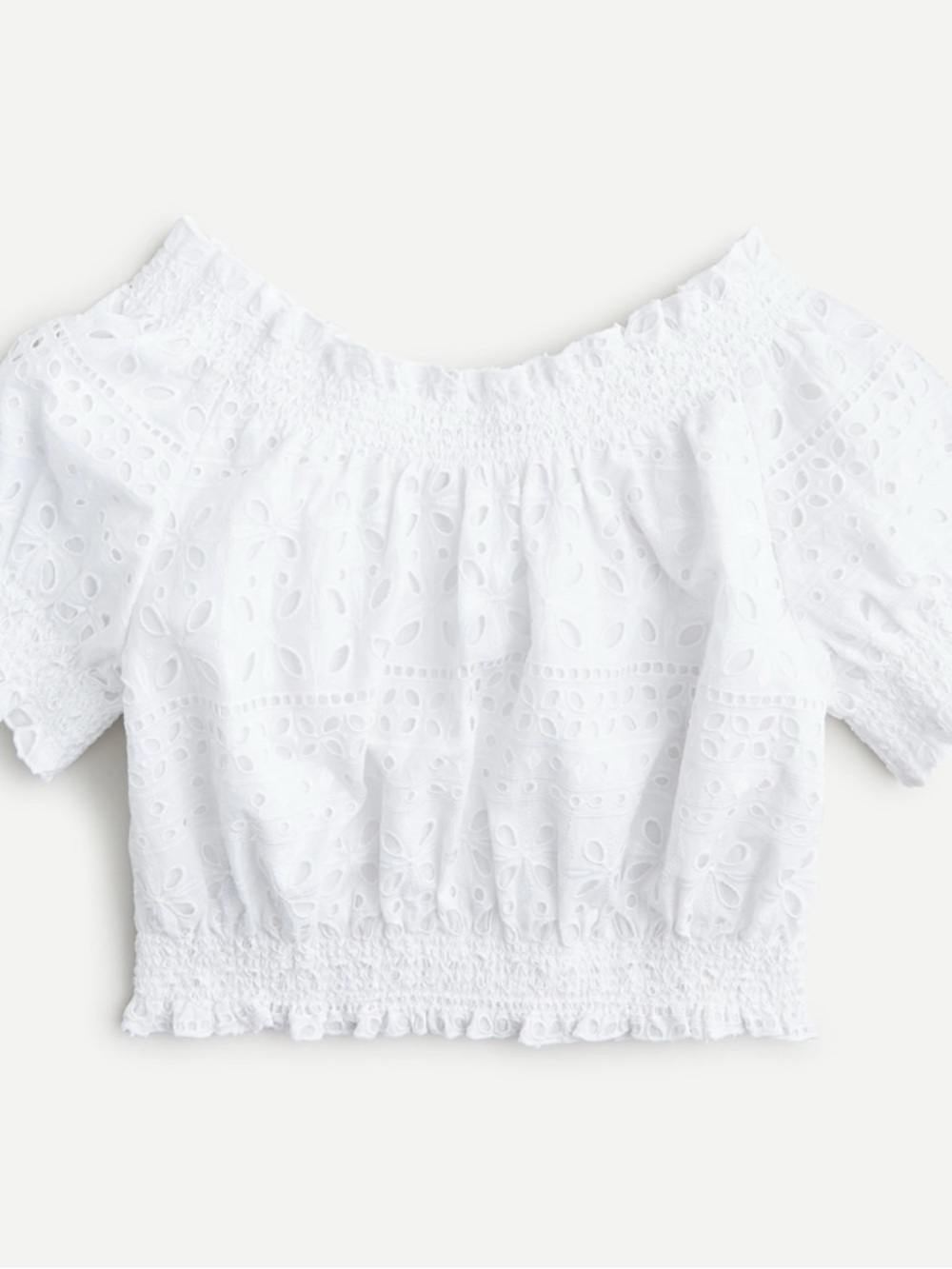 J. Crew White Eyelet Off-Shoulder Smocked Crop Top